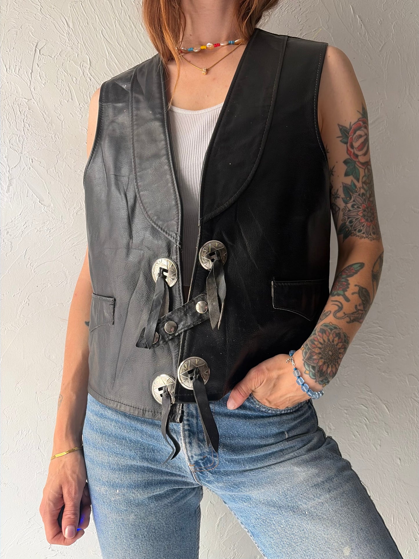 70s 'JO.O Kay' Black leather Grungecore Western Cowboy Vest / Large