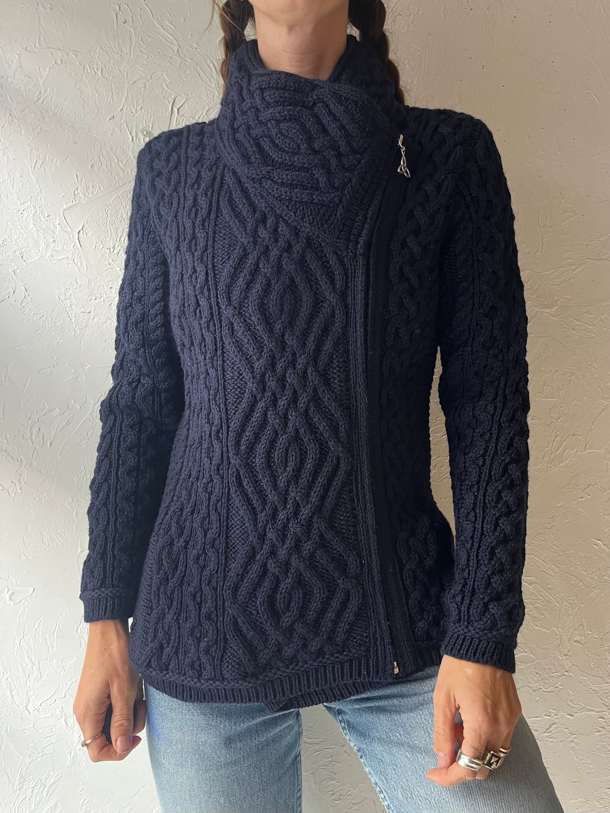 Y2k 'Aran Crafts' Navy Wool Cable Knit Gannycore Cottagecore High Neck Cardigan Sweater / Small