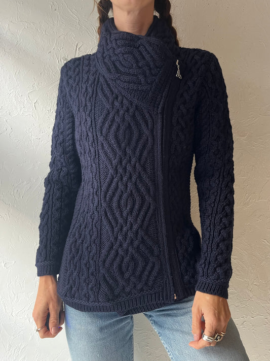 Y2k 'Aran Crafts' Navy Wool Cable Knit Gannycore Cottagecore High Neck Cardigan Sweater / Small
