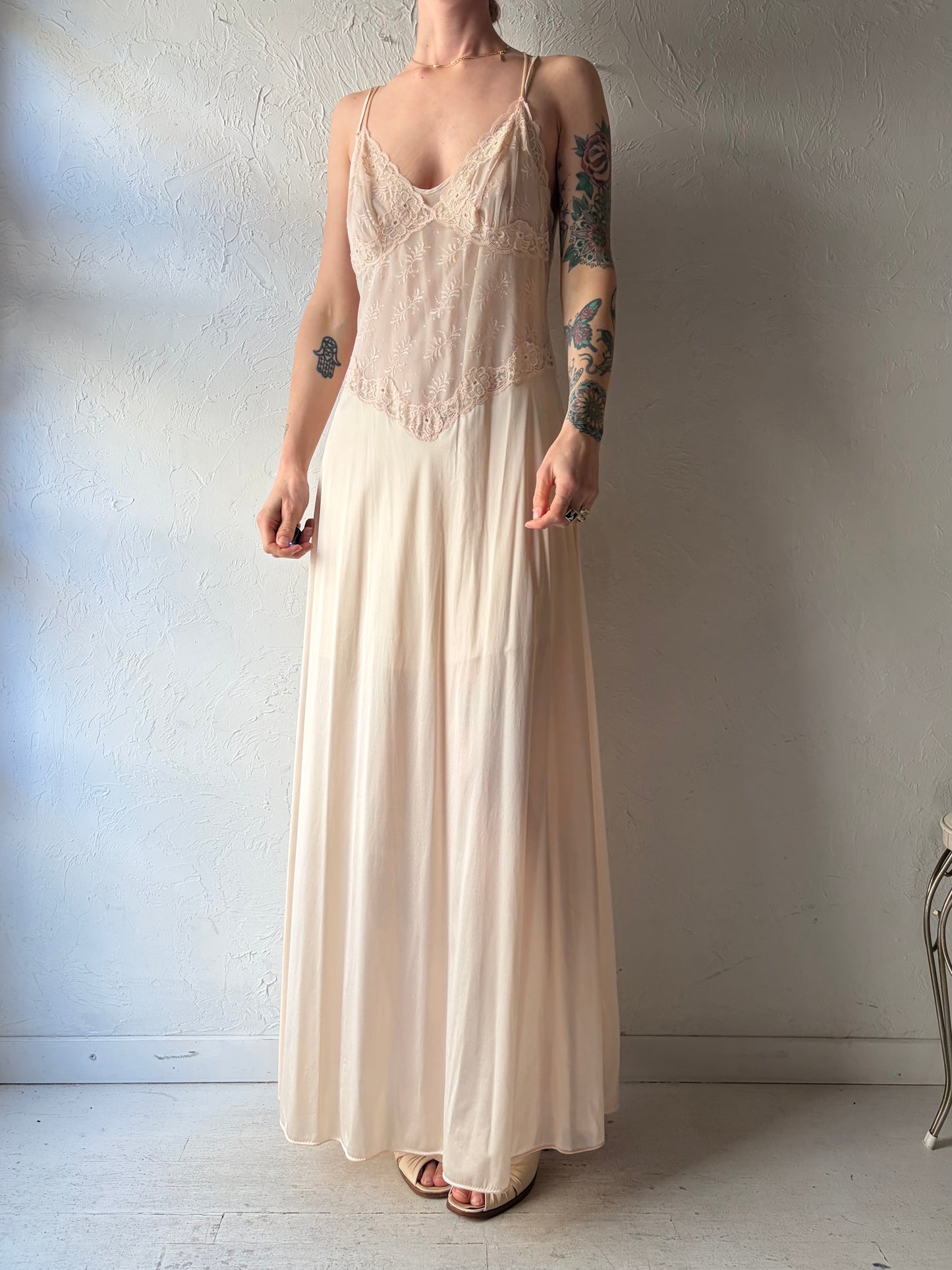 80s 'Vanity Fair' Pink Lacey Maxi Slip Dress / Small