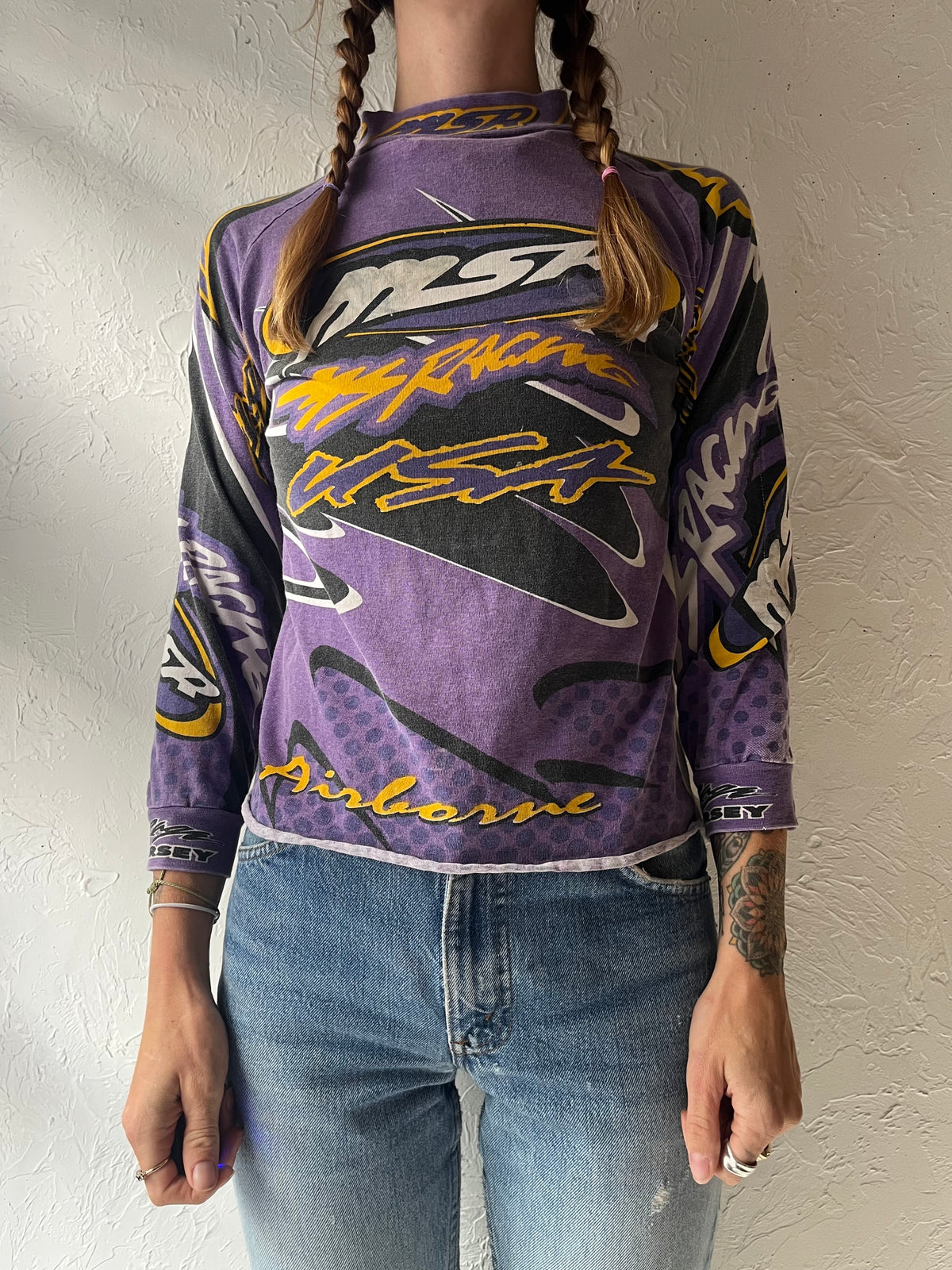 Y2K 'MSR' Purple Moto Racing Graphic Long Sleeve Top 2000s Motocross Biker Cyber Streetwear / XSmall