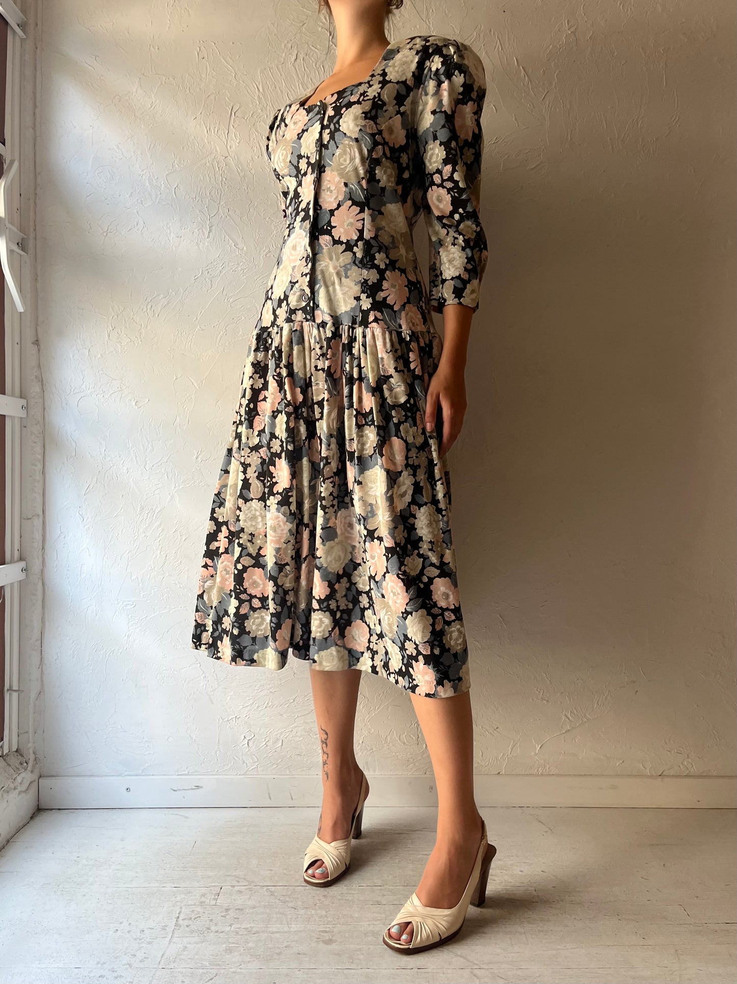 Vintage 'Savannah ' Floral Print Drop Waist Dress / Medium