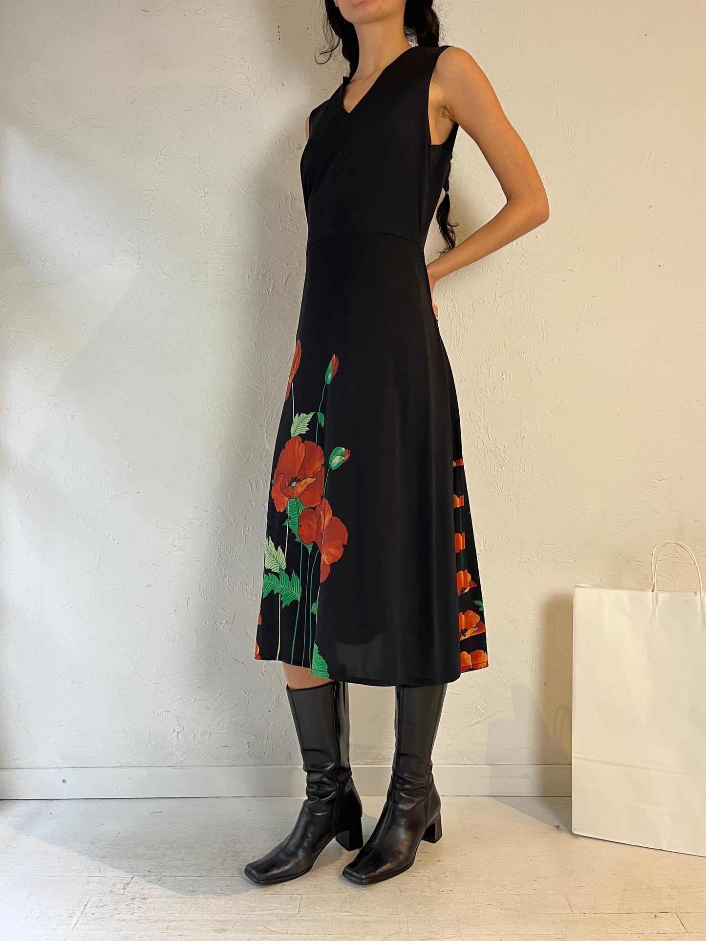 90s ‘Ein Fink Model’ Black Floral Midi Dress / Large