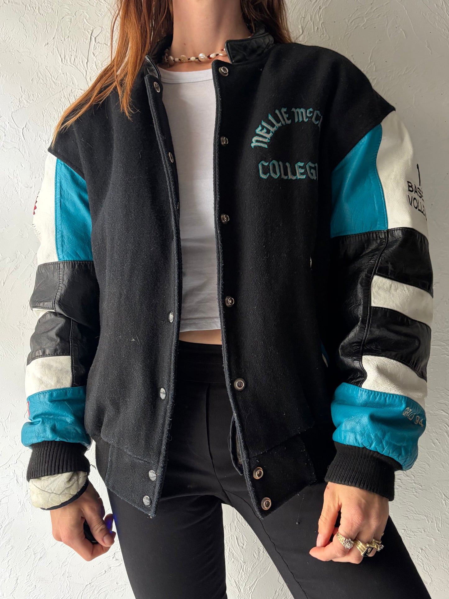 90s Collegiate Leather Wool Bomber Jacket / Medium - Large