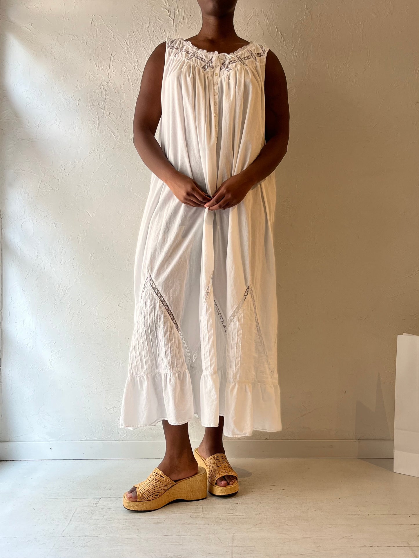 90s 'Eileen West' White Cotton Maxi Dress / Large