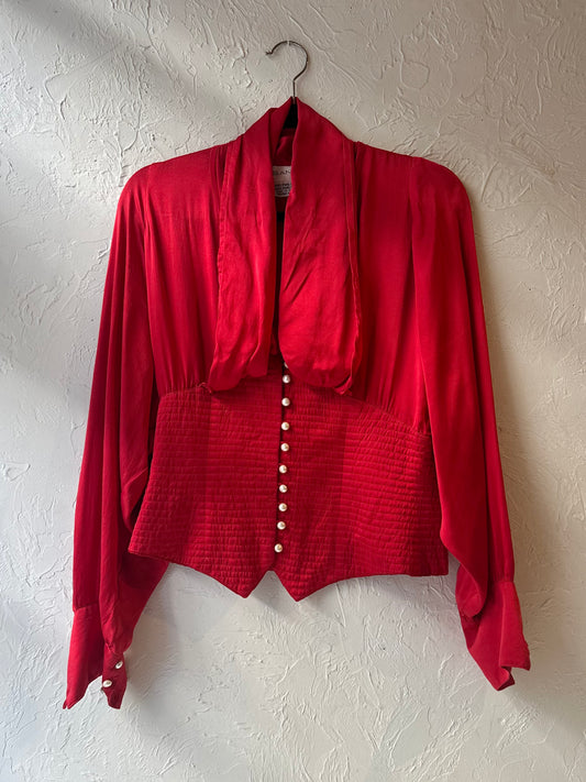 90s Red Silk Blouse / Small - Medium