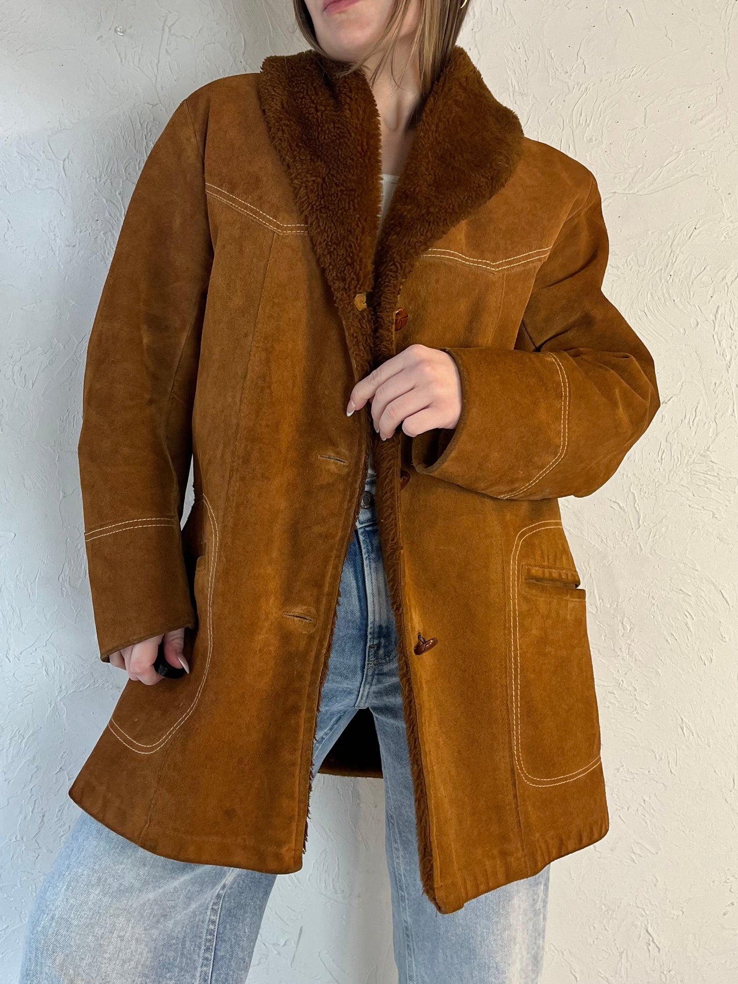 80s ‘Pioneer Wear’ Tan Faux Fur Lined Suede Jacket / Medium