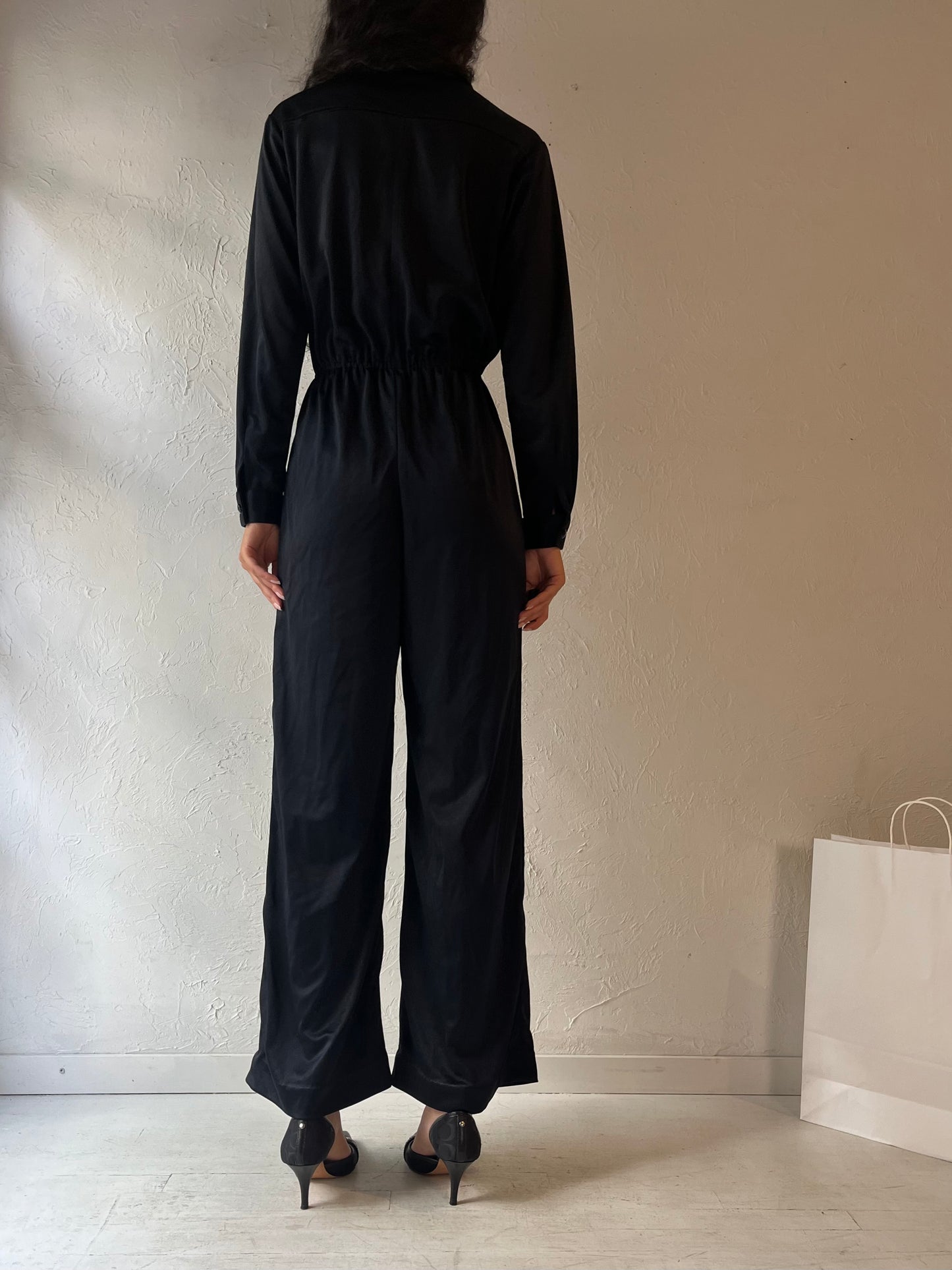 Vintage Handmade Black Silky Jumpsuit / Small