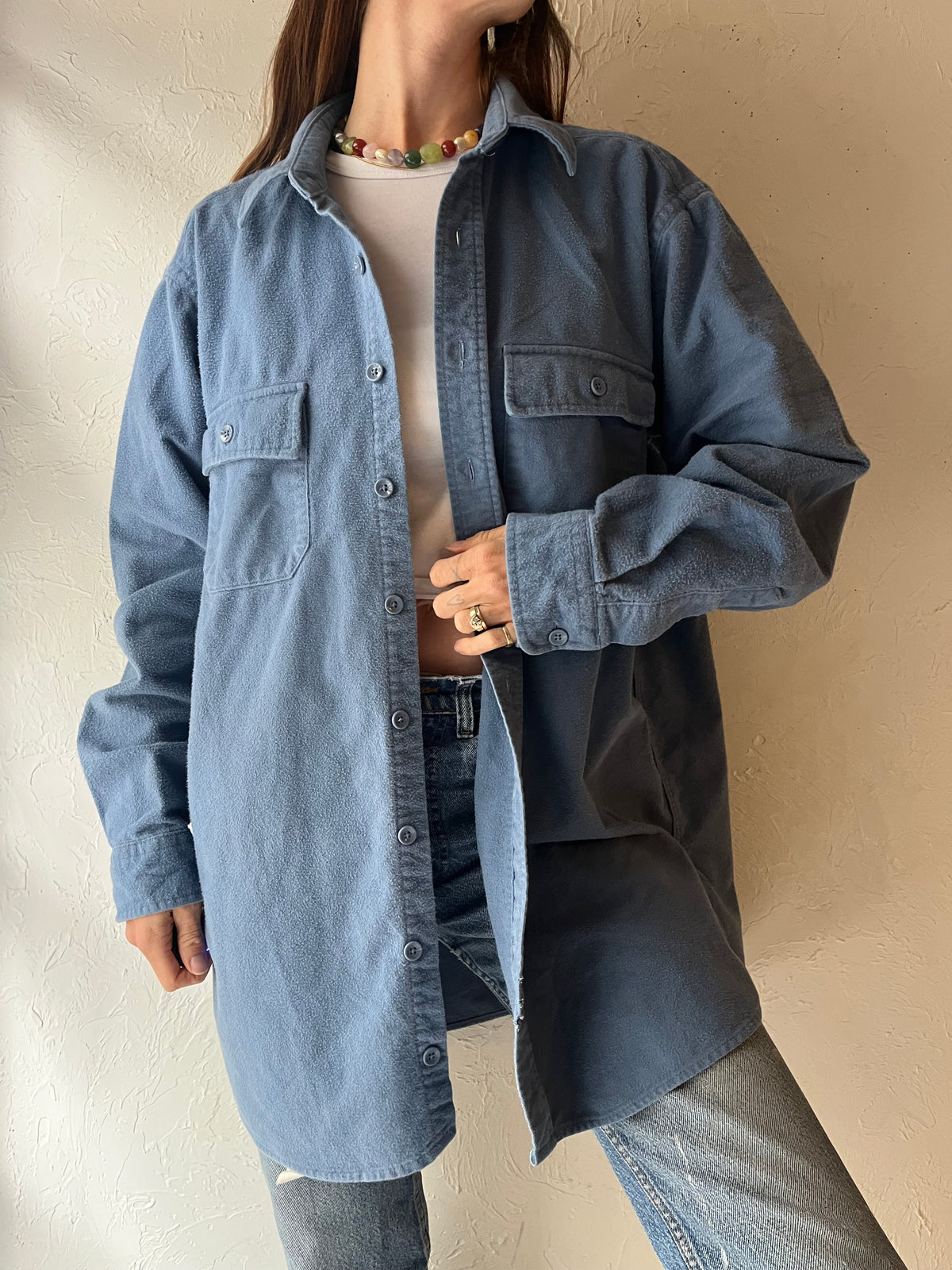 90s 'LL Bean' Blue Thick Cotton Shirt / Made in USA / Large