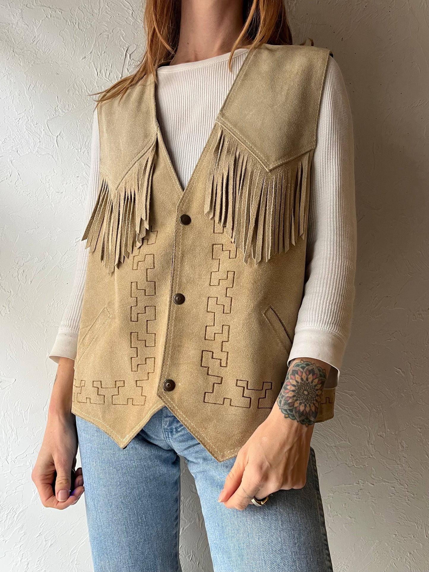 Vintage Suede Leather Fringe Vest / Large