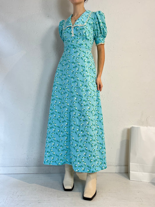 Vintage Handmade Blue Floral Peasant Dress / Small