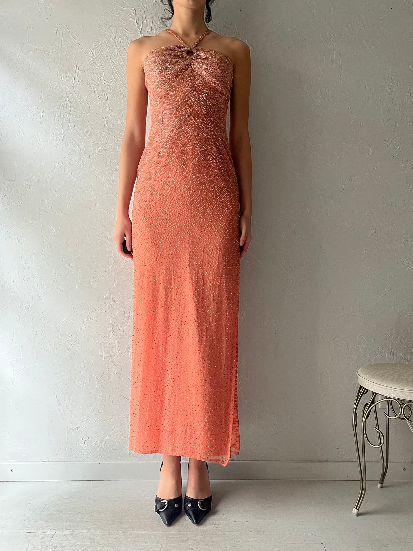 90s 'Scala' Orange Beaded Formal Dress / Small