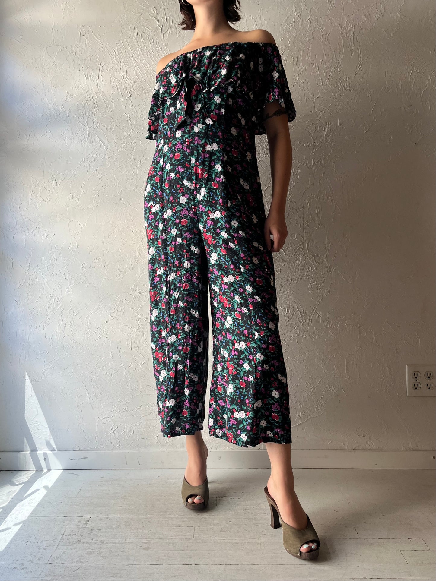 90s 'Going Forward' Romantic Floral Boho Jumpsuit / Vintage 1990s Cottagecore Summer One Piece Romper / Medium