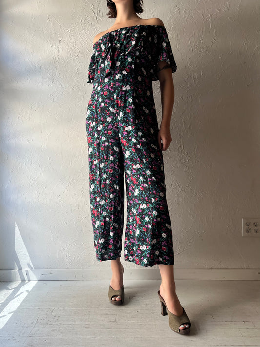 90s 'Going Forward' Romantic Floral Boho Jumpsuit / Vintage 1990s Cottagecore Summer One Piece Romper / Medium