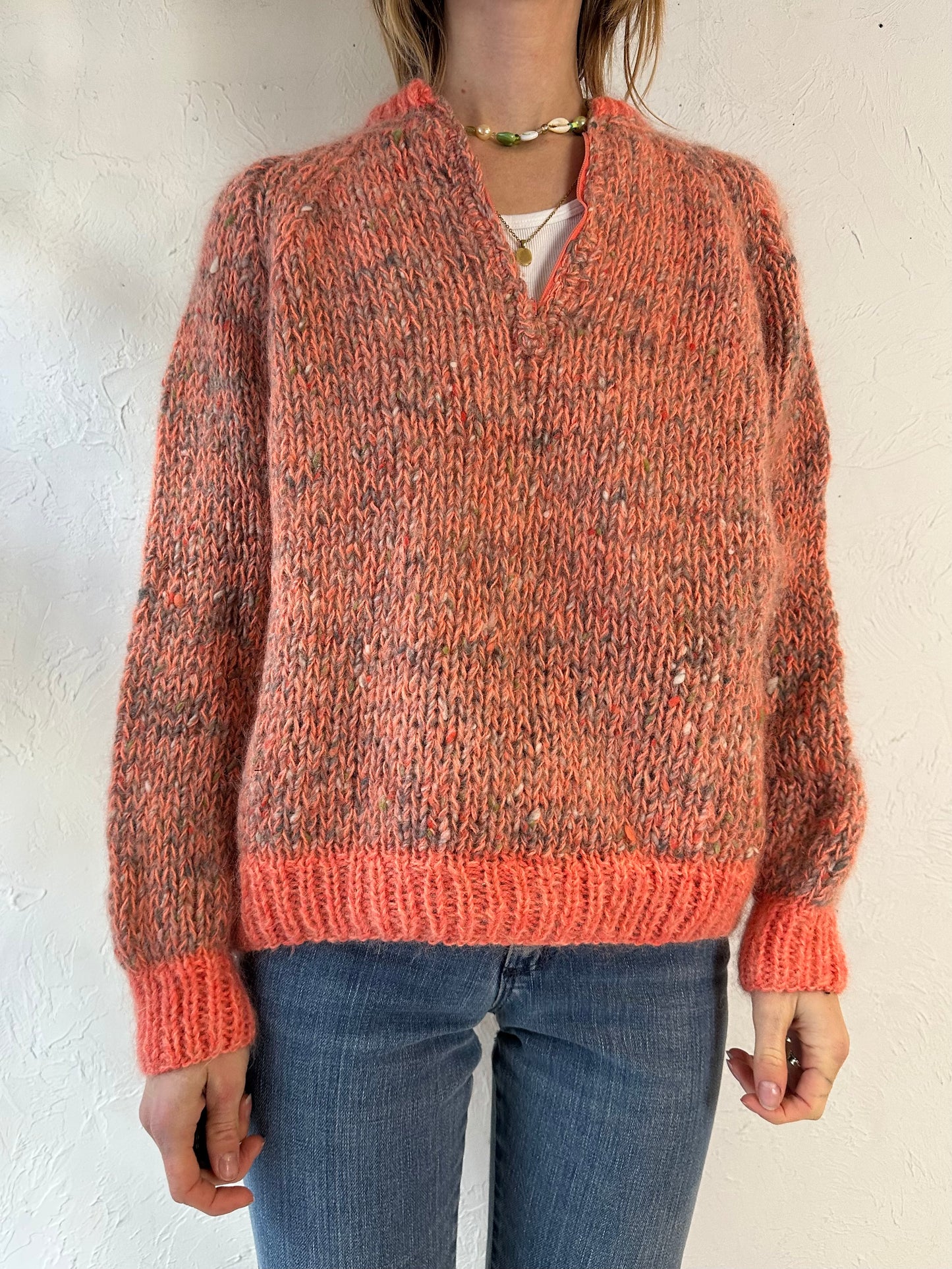 Vintage Hand Knit Pink Half Zip Sweater / Small