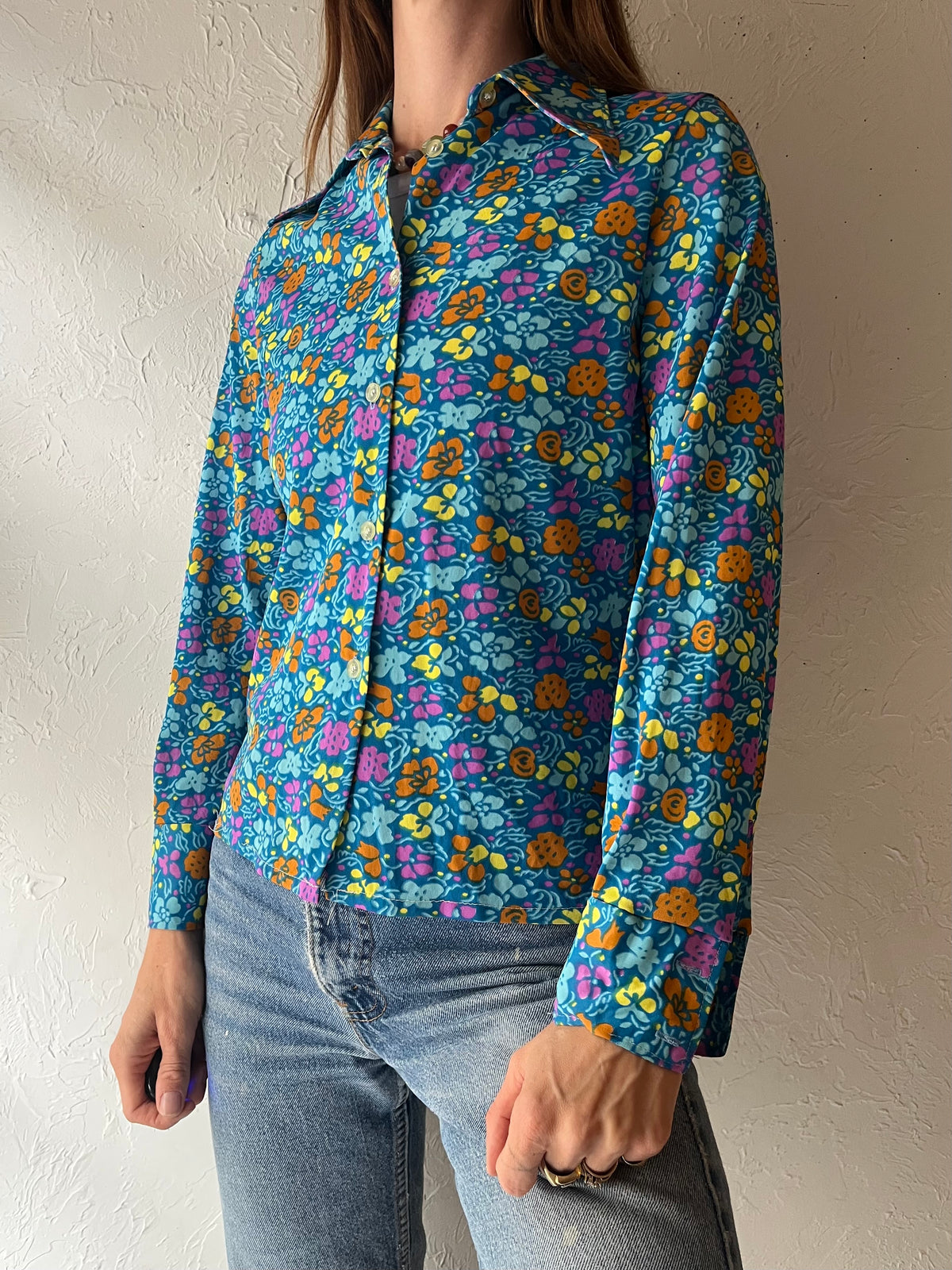 70s Vintage Blue Rainbow Floral Print Dagger Collar Retro Mod Hippie Button Up Shirt / Small