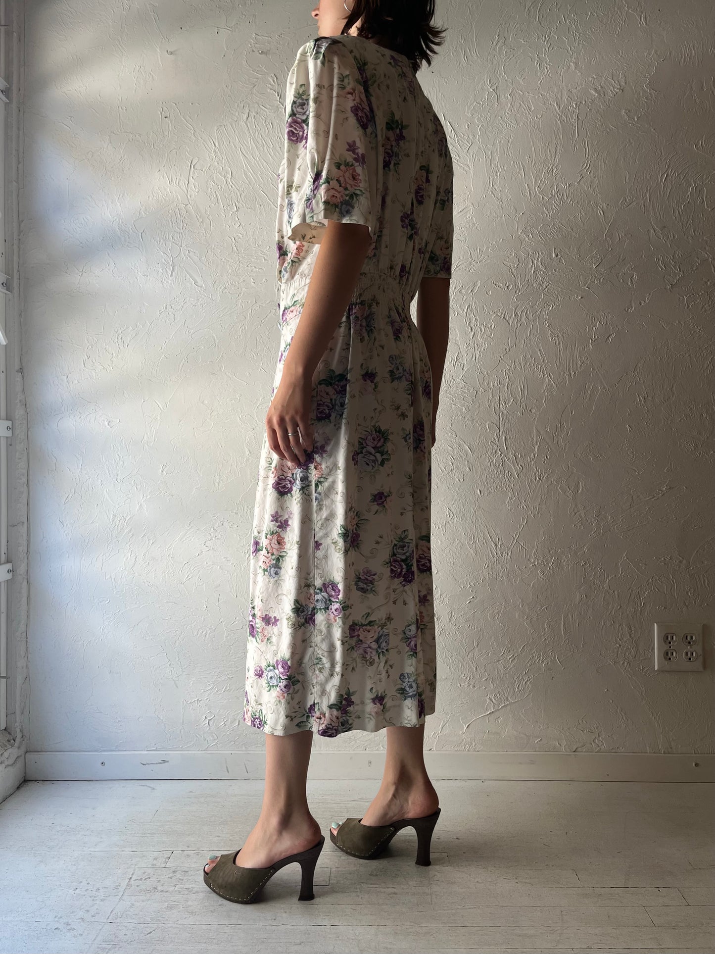80s 'Karen Stevens' White Floral Cottagecore Summer Garden Party Dress / Large