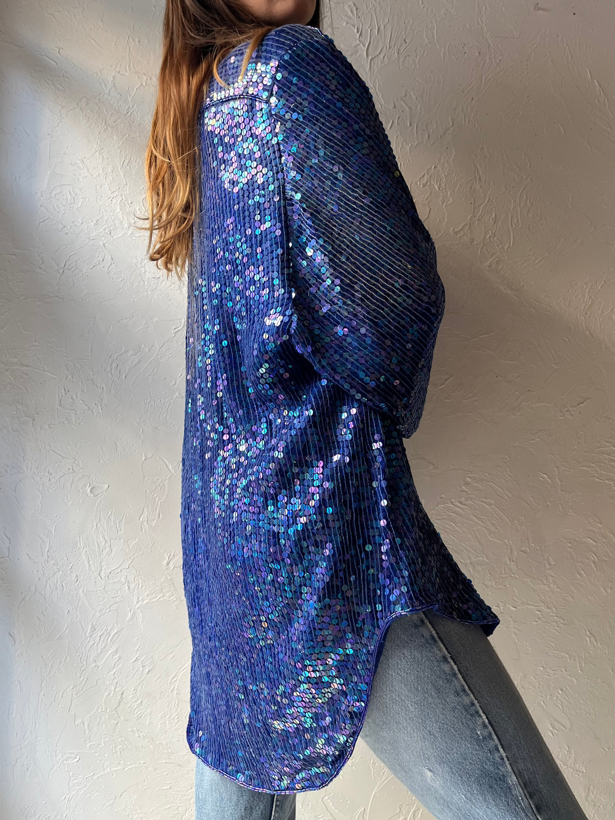 90s ‘VCI Designs’ Blue Sequin Silk Retro Disco Party Oversized Blouse / Meidum