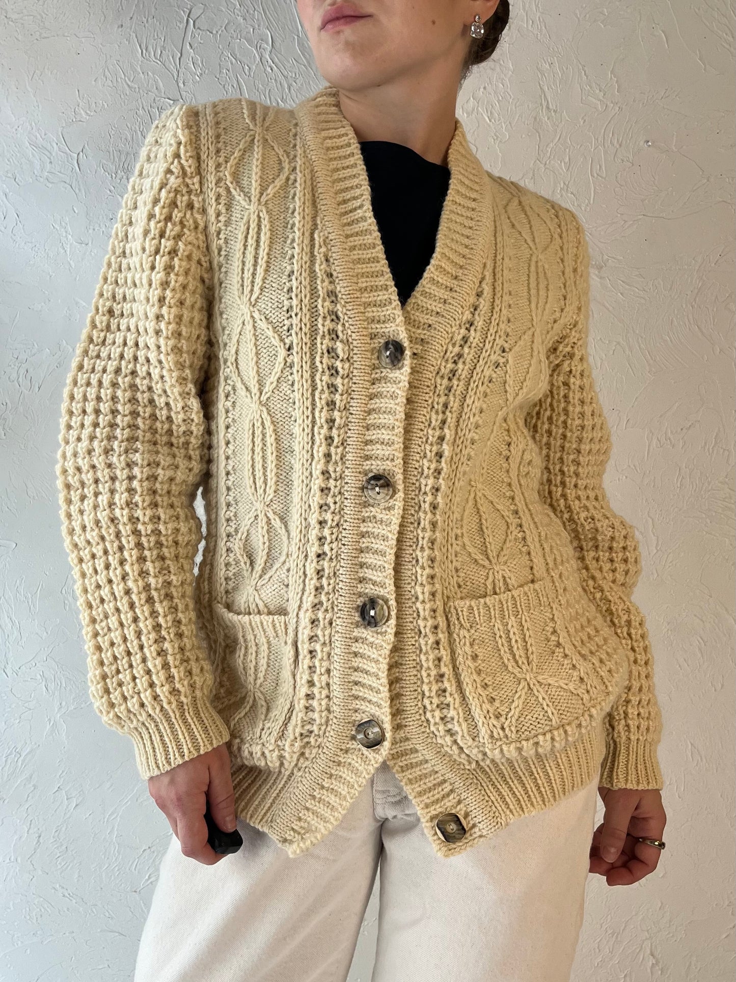 Vintage 'Gaeltarra' Cream Cable Knit Wool Fishermans Cardigan / Small