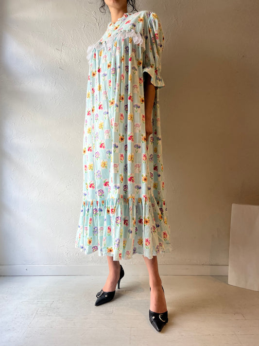 Vintage Light Blue Checker Floral Maxi Dress / Medium