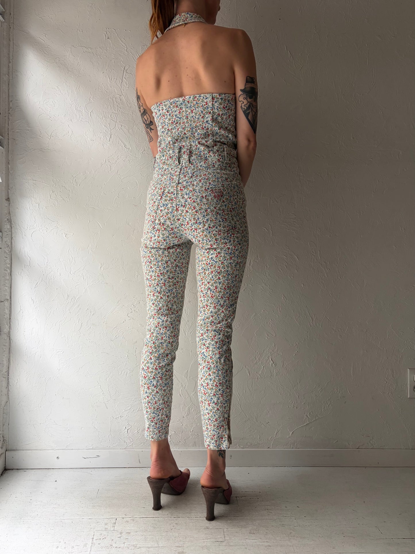 Vintage 2000s 'Guess' Floral Print Stretch Denim Jumpsuit / Small