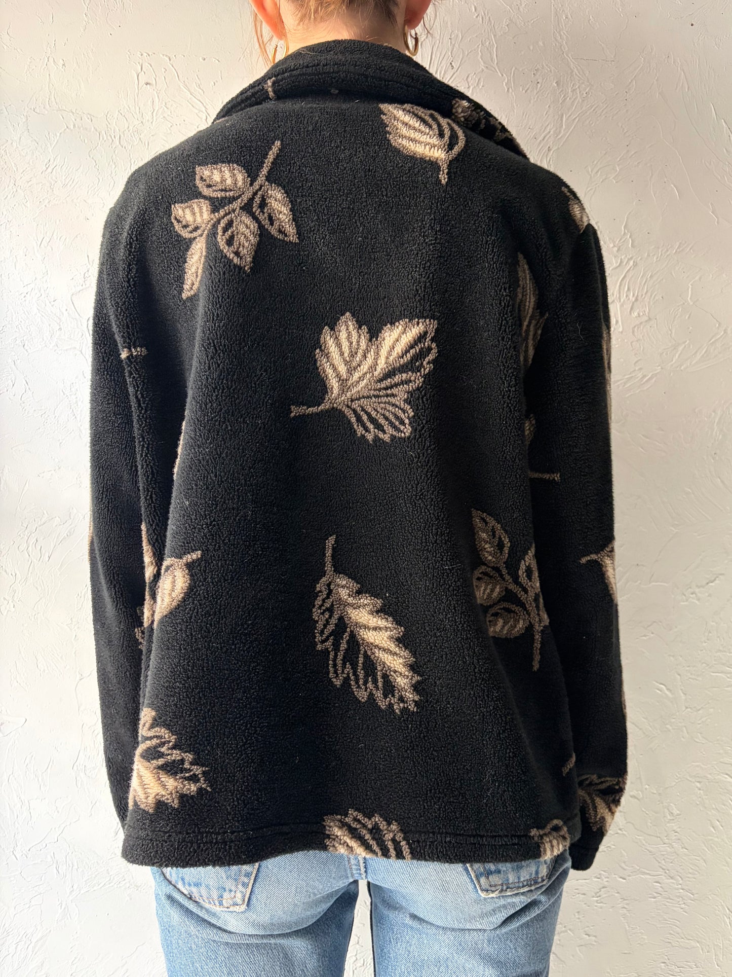90s 'MIC' Black Leaf Fleece Jacket / Small