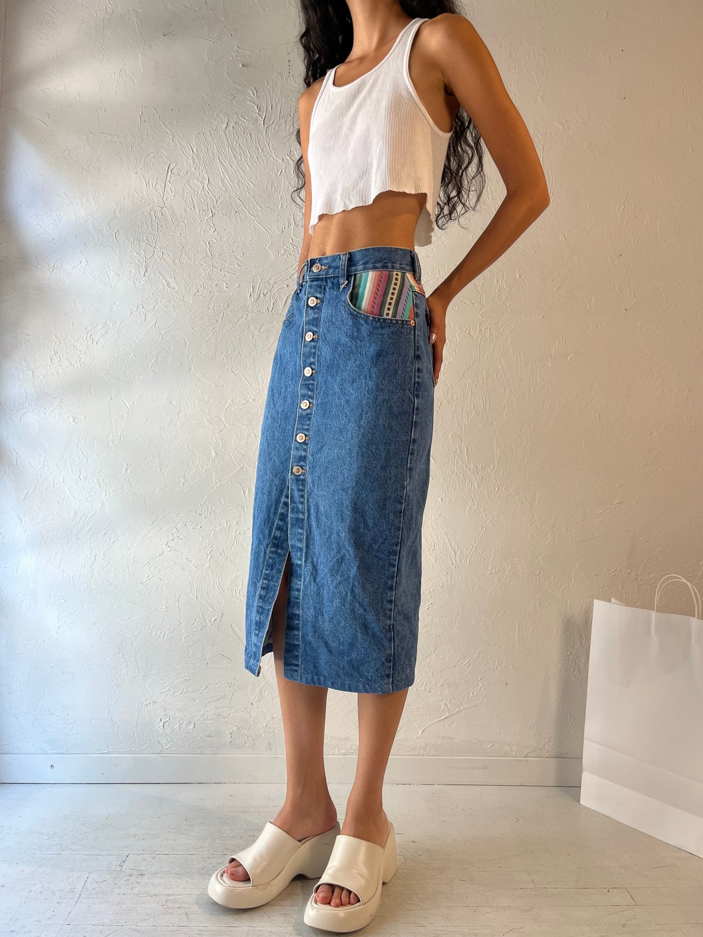 90s 'Steel' Denim Pencil Skirt / Small