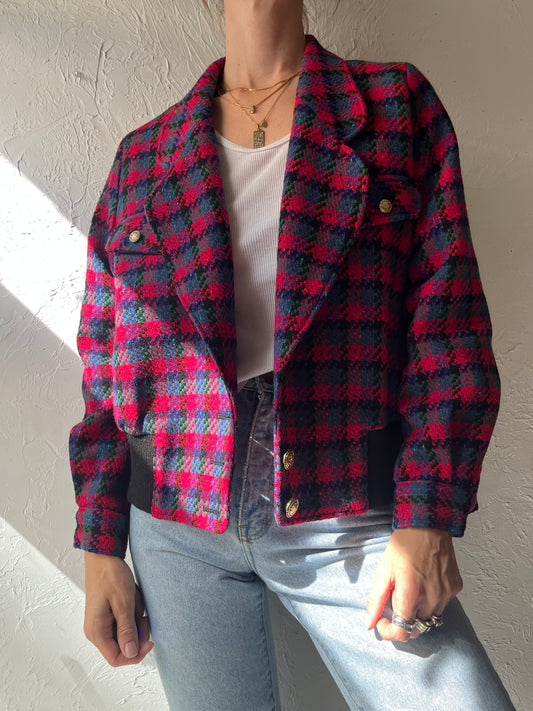 80s Plaid Knit Preppy Dark Academia Bomber Tartan Jacket / Medium