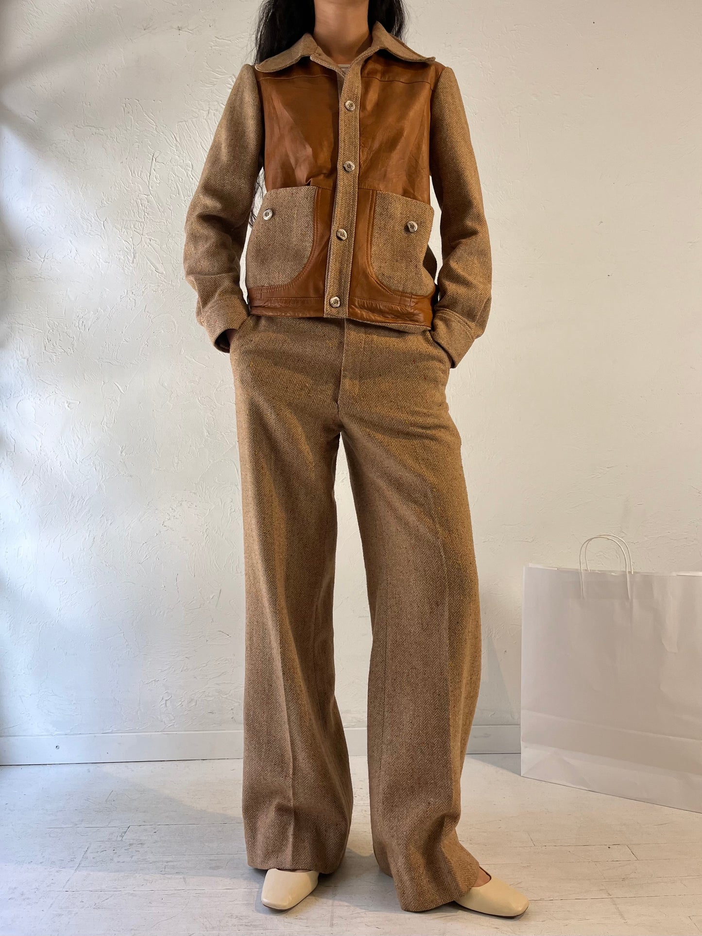 70s 'Oggi' Beiege Knit Matching Pants Jacket Set / Medium