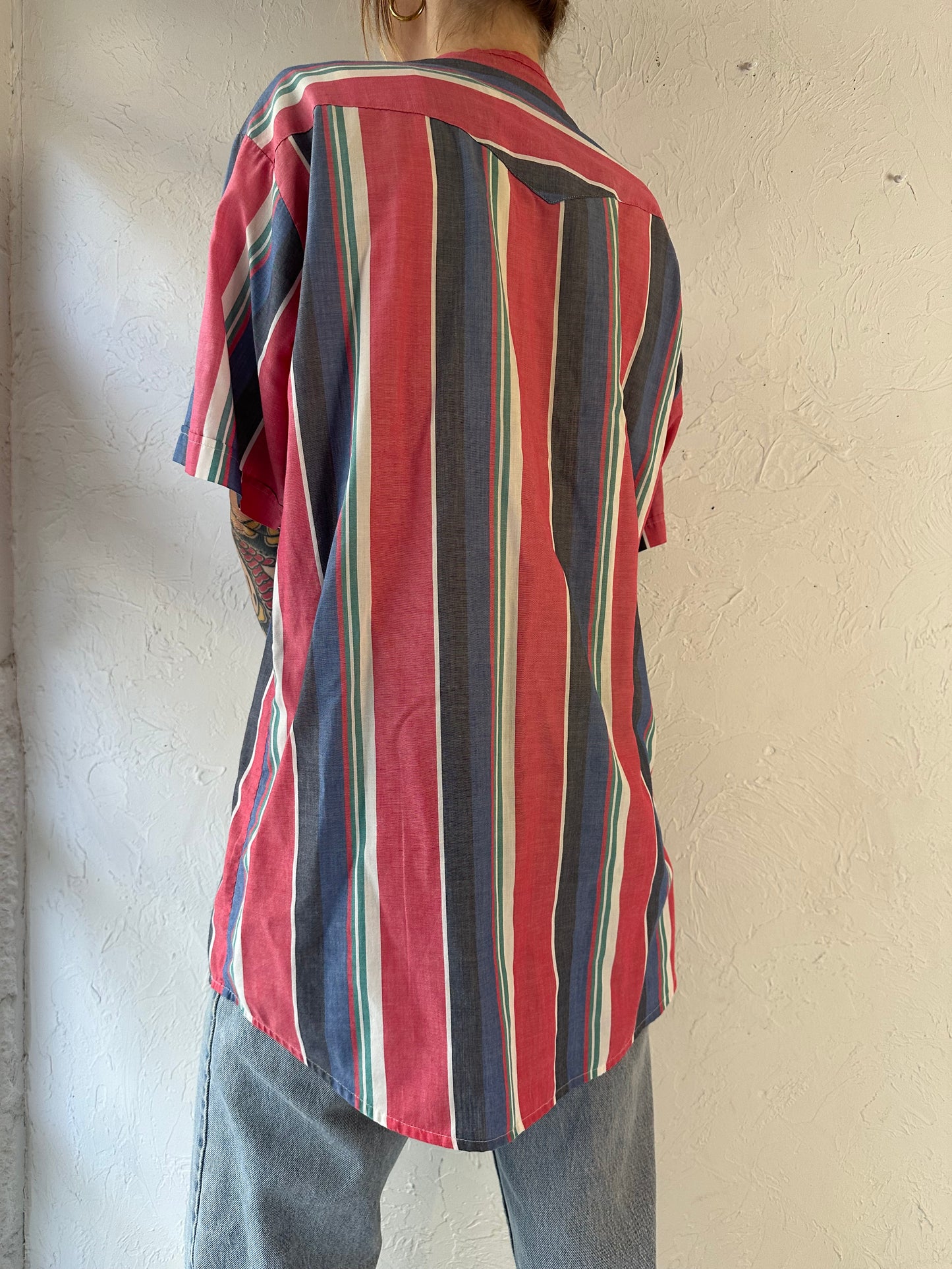 80s 90s 'MWG' Striped Short Sleeve Pearl Snap Shirt / Large