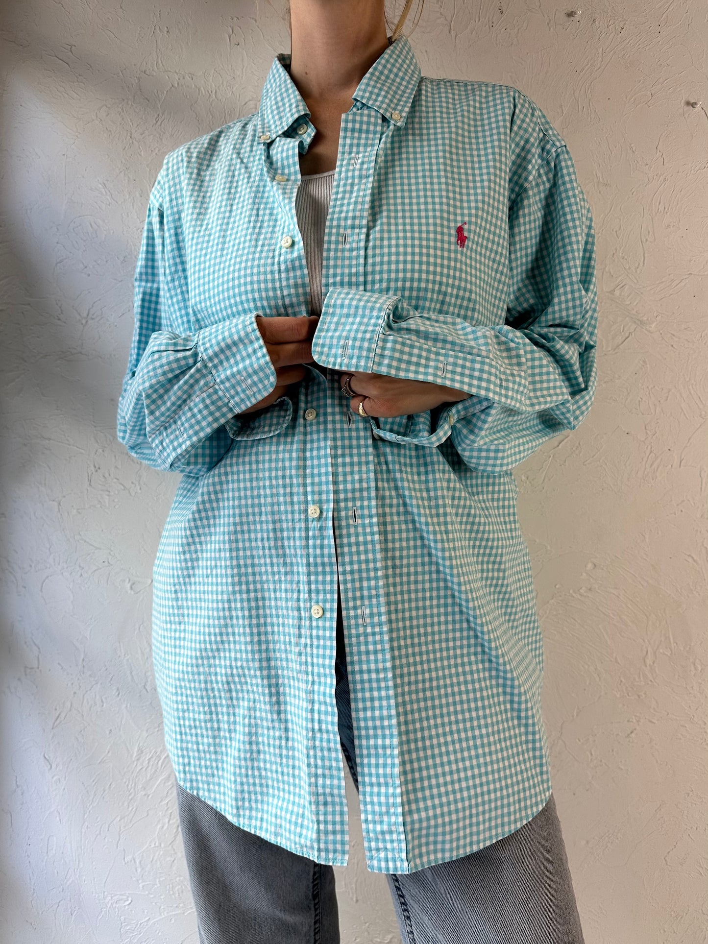 Y2k 'Ralph Lauren' Blue Gingham Cotton Shirt / XL