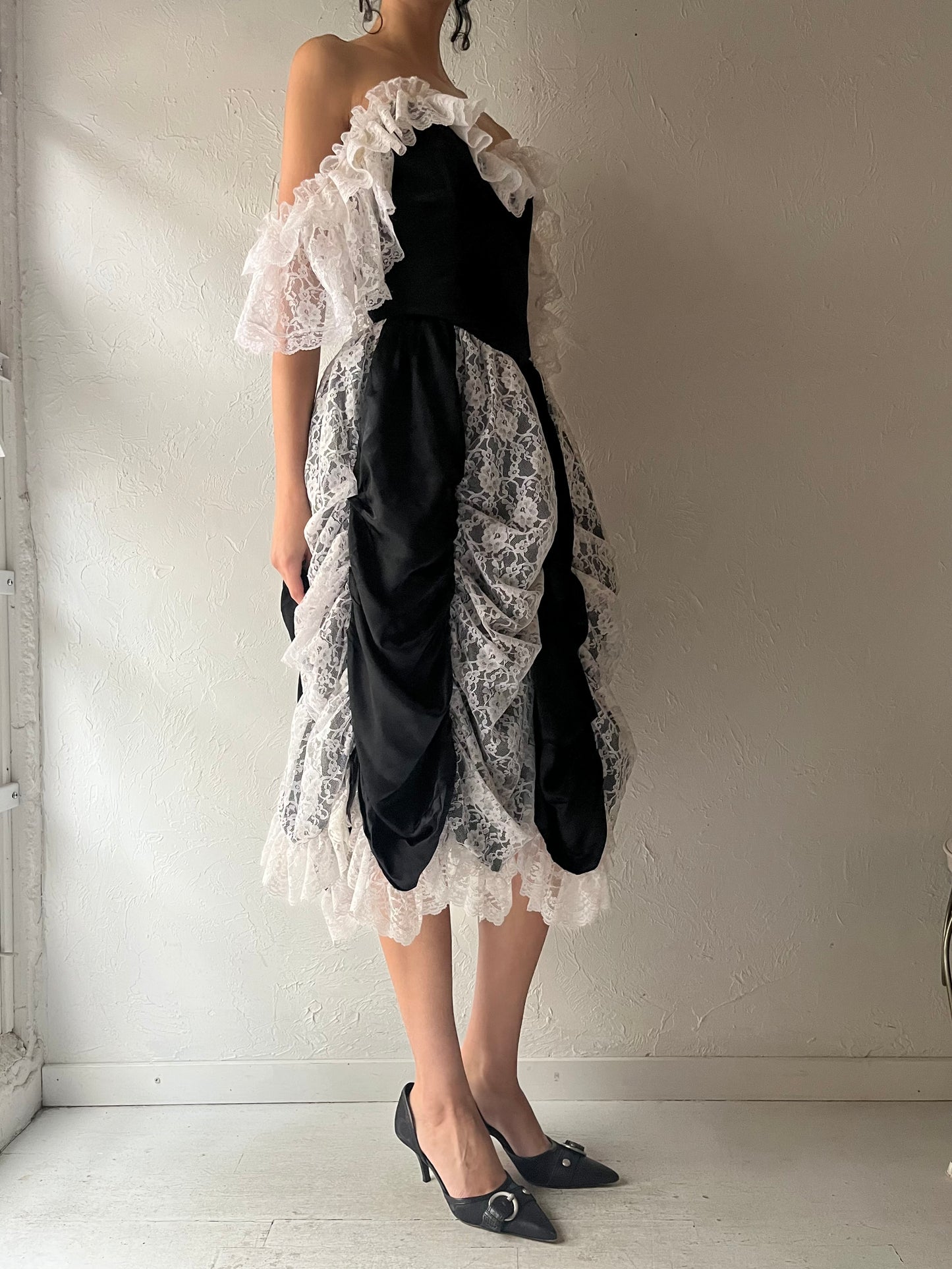 80s 'Loralie' Black and White Southern Formal Dress / Medium