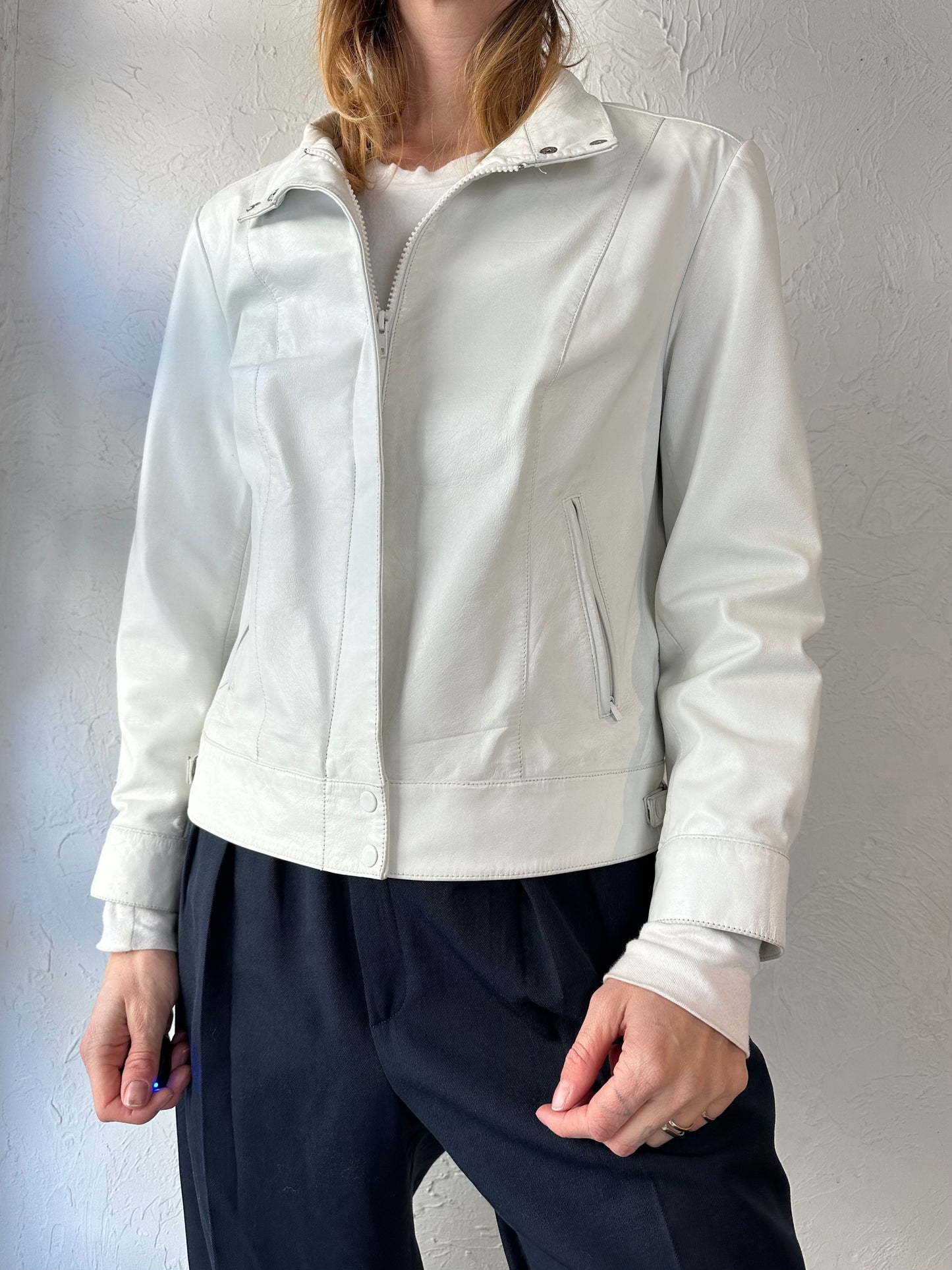 90s 'Winlit' White Leather Jacket / Small