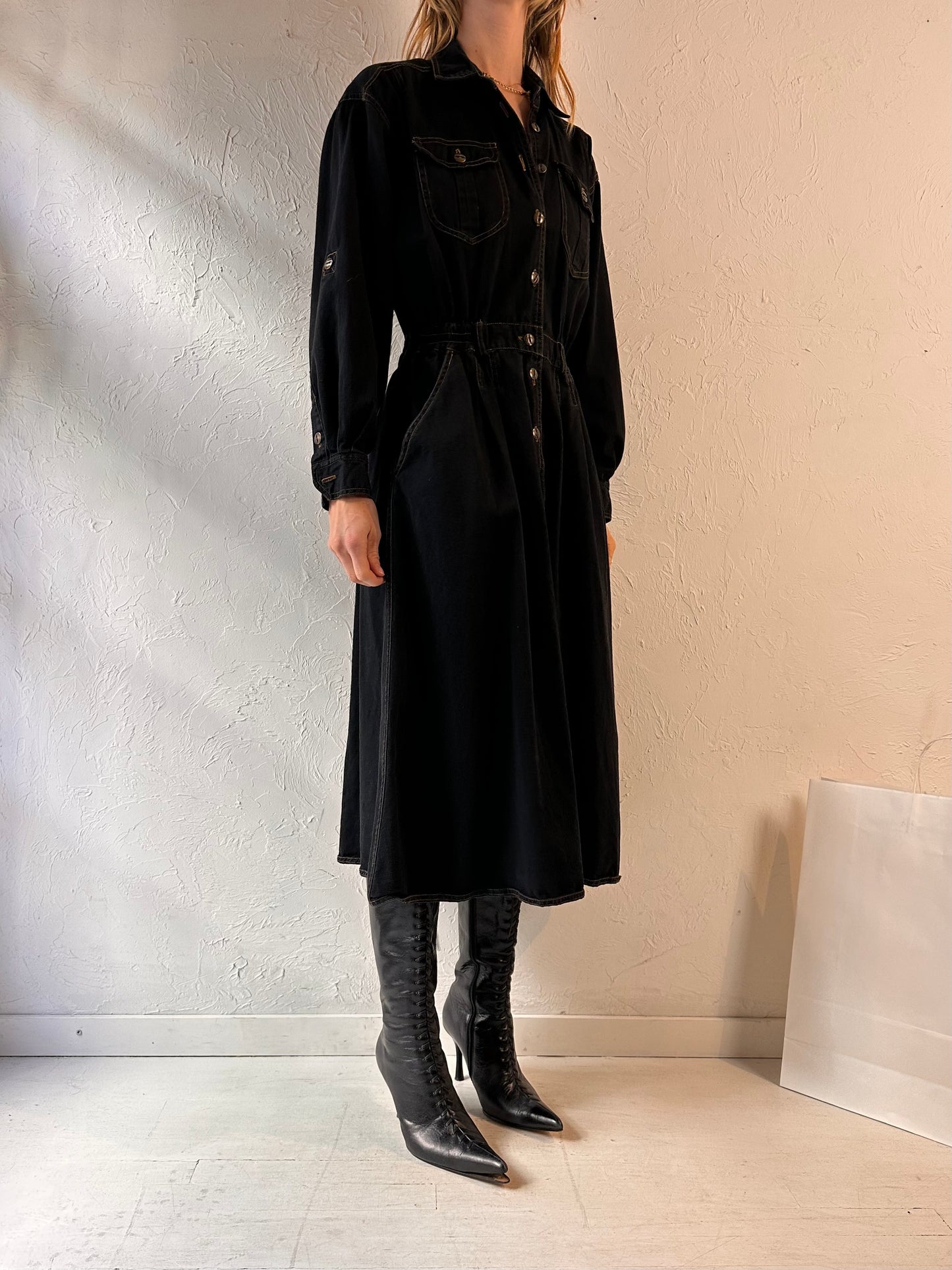 90s 'Uni Mondo' Dark Wash Denim Dress / Medium