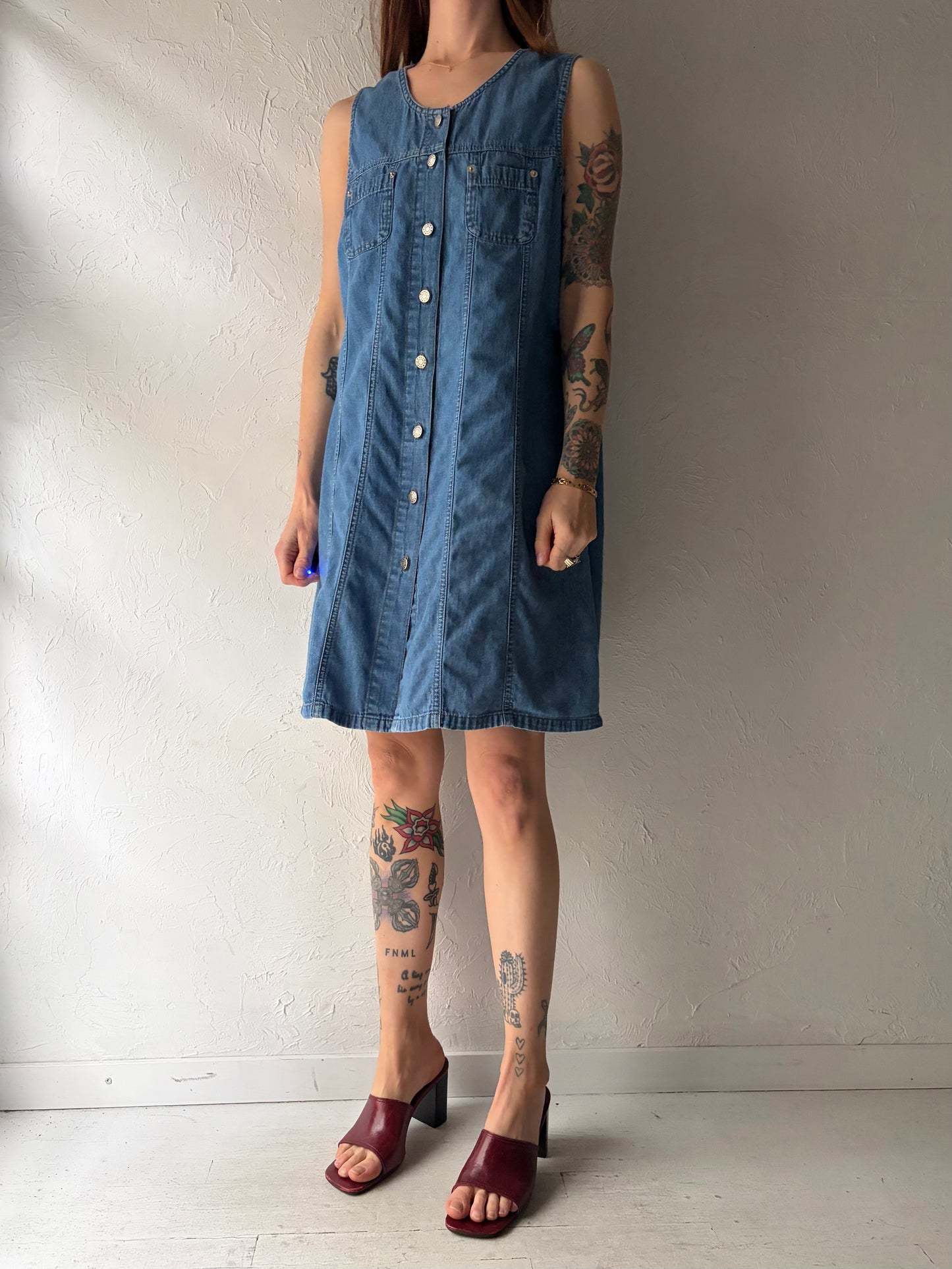 90s' Dixie Blue' Denim Western Button Up Mini Dress / Vintage Cowboy Summer dress / Large