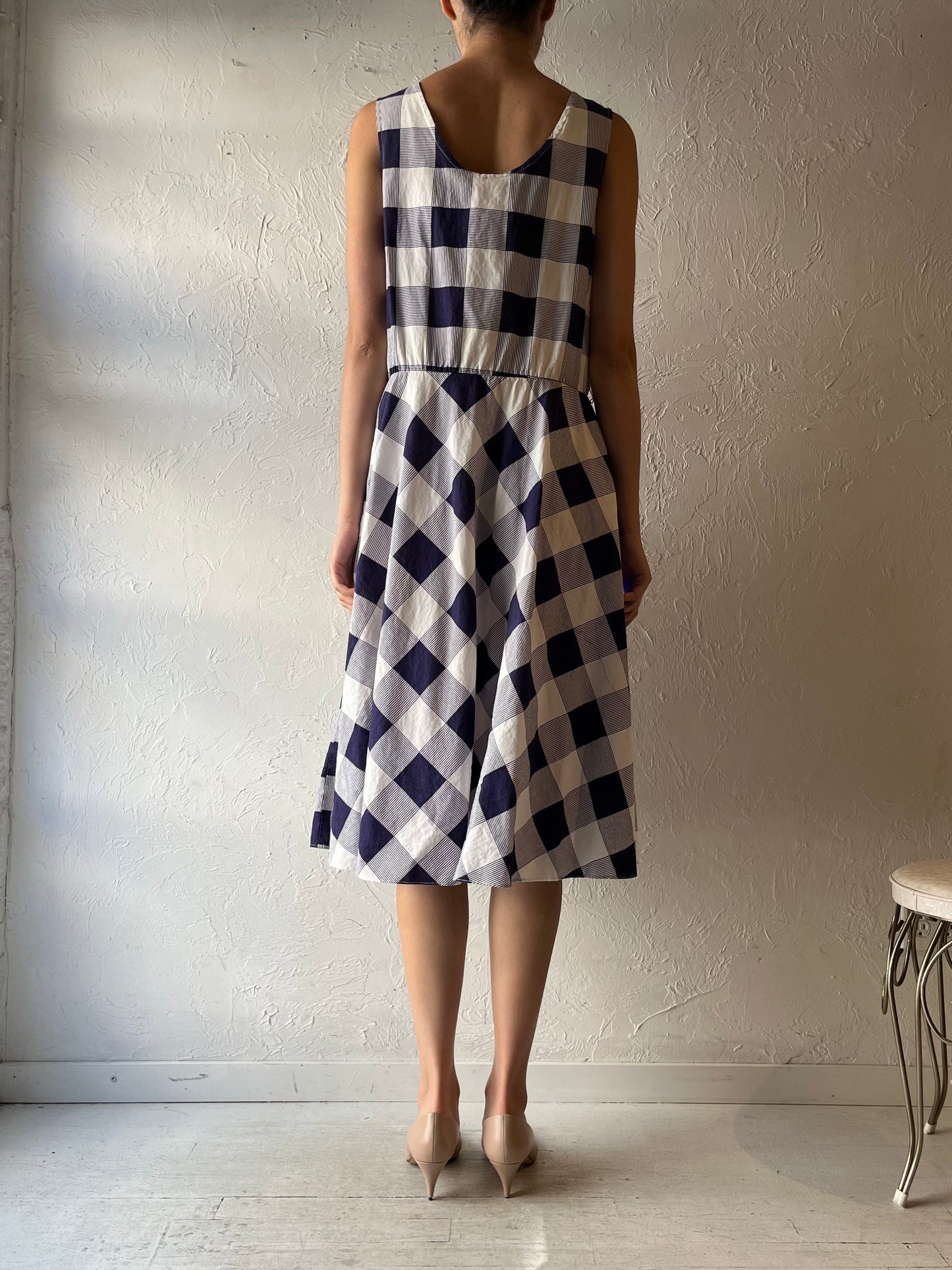 80s 'Algo'  Blue Plaid Cottagecore Summer Dress / Vintage 1980s Boho Garden Party Sundress / Large