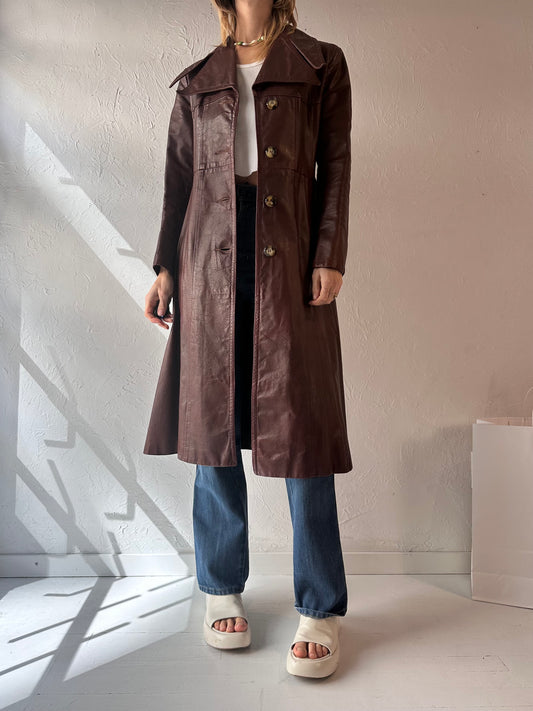 Vintage Burgundy Leather Trench Coat / Small