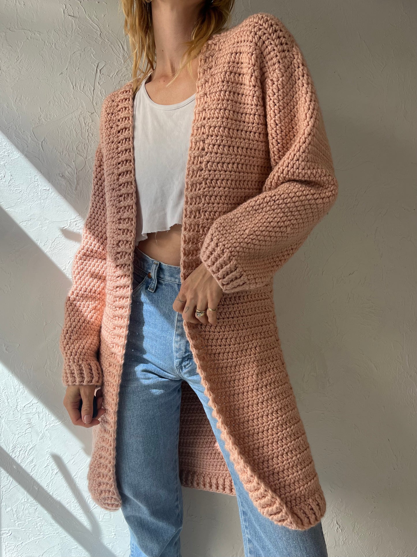 Hand Knit Pale Pink Long Cardigan Sweater / Small