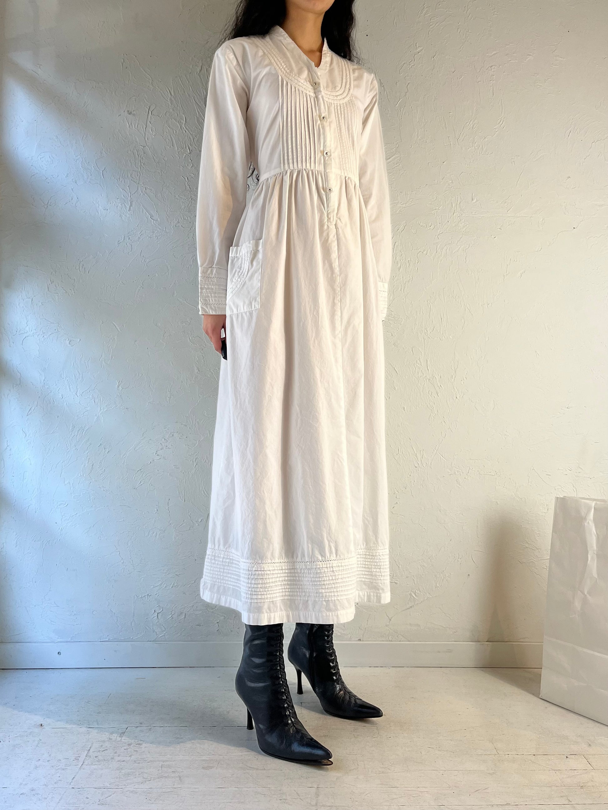 90s ‘Dressed In White’ Long Sleeve White Cotton Dress / Medium