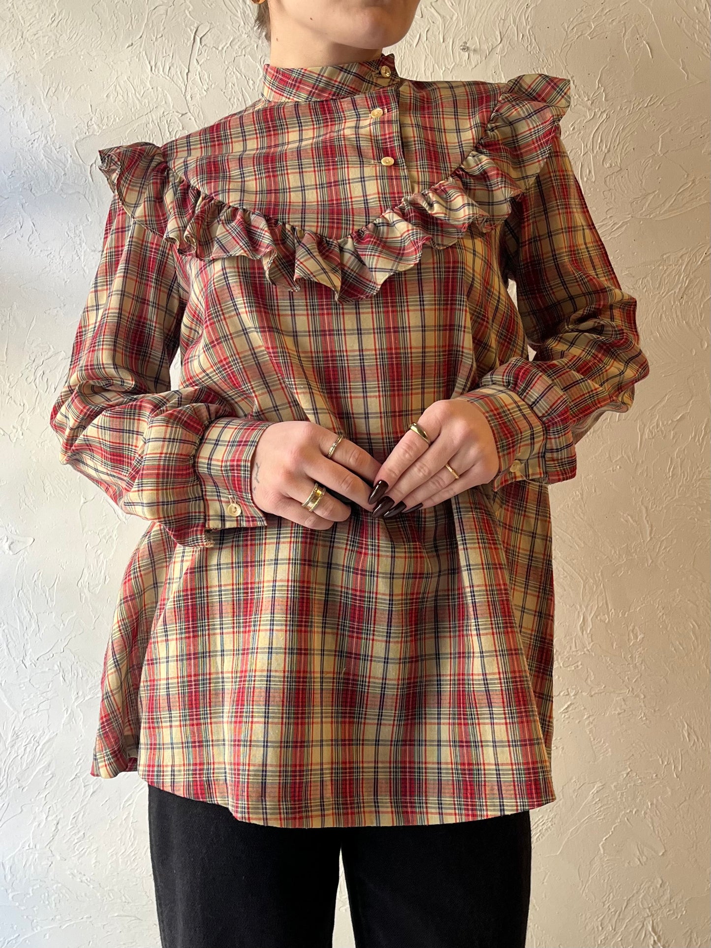 70s ‘Andra Inc’ Plaid Western Ruffle Blouse / Medim