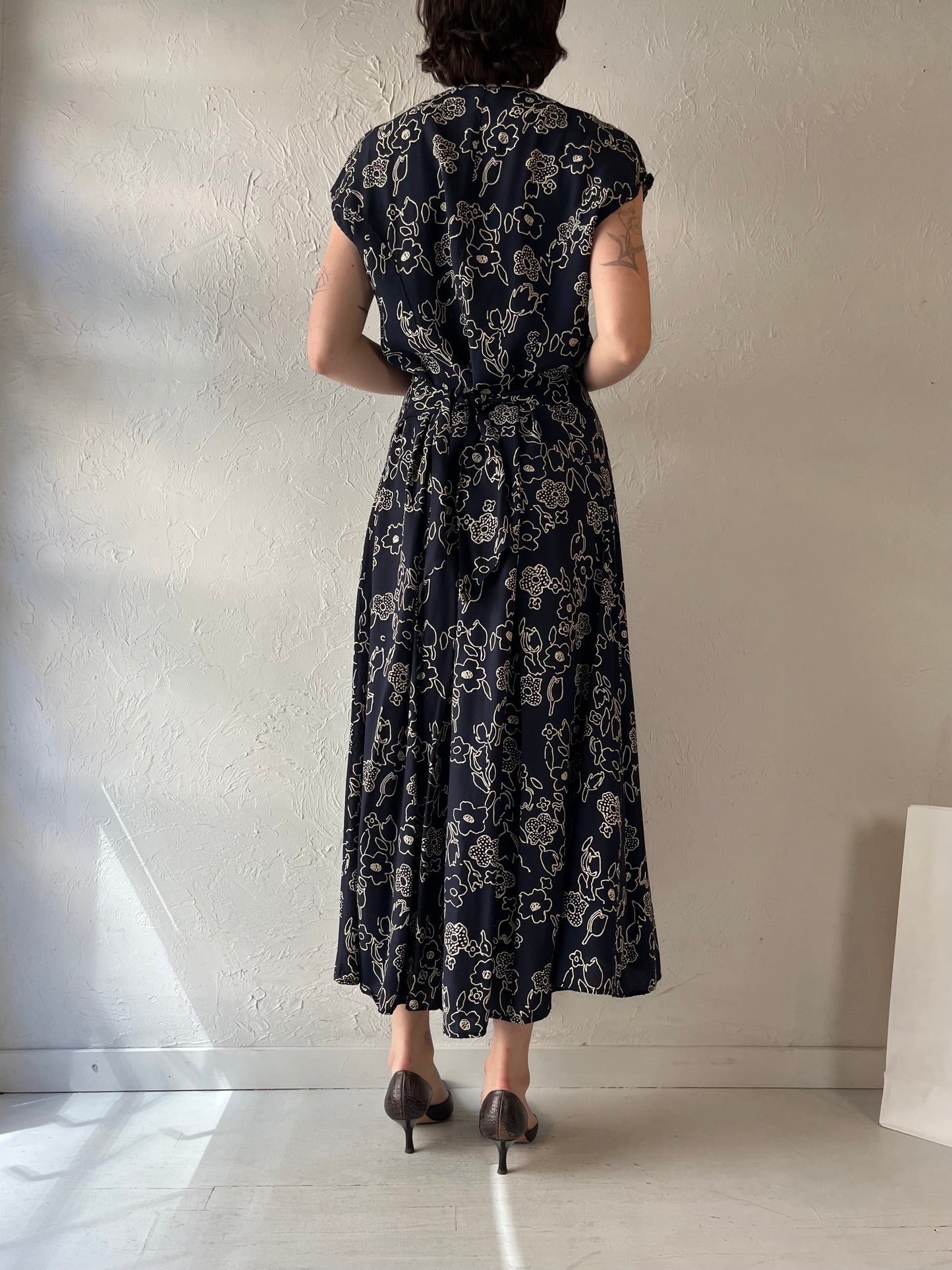 90s 'Nira Nira' Floral Print Rayon Dress / Large