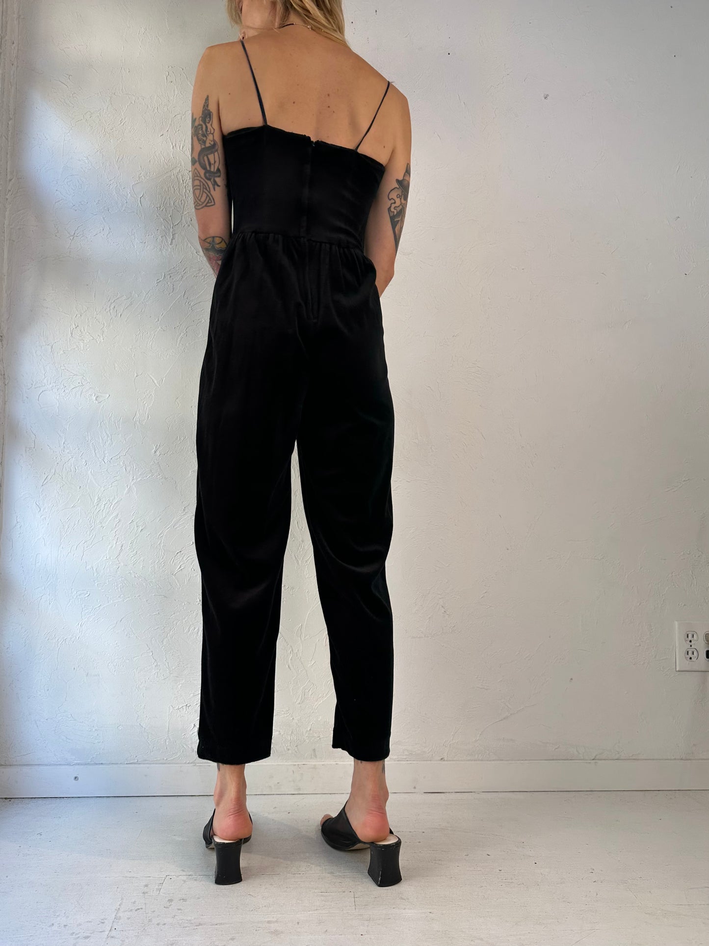 70s Black Velvet Jumpsuit / Union Made / Small