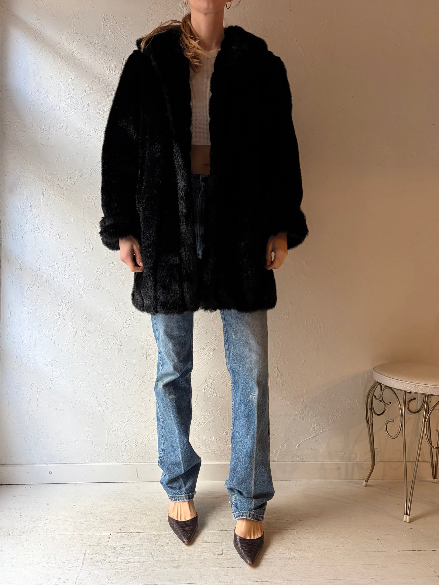 90s 'Dennis Basso' Black Faux Fur Jacket / XS