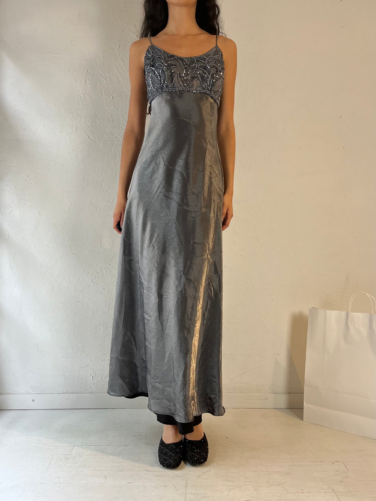 90s 'Faviana' Silver Formal Dress / Small