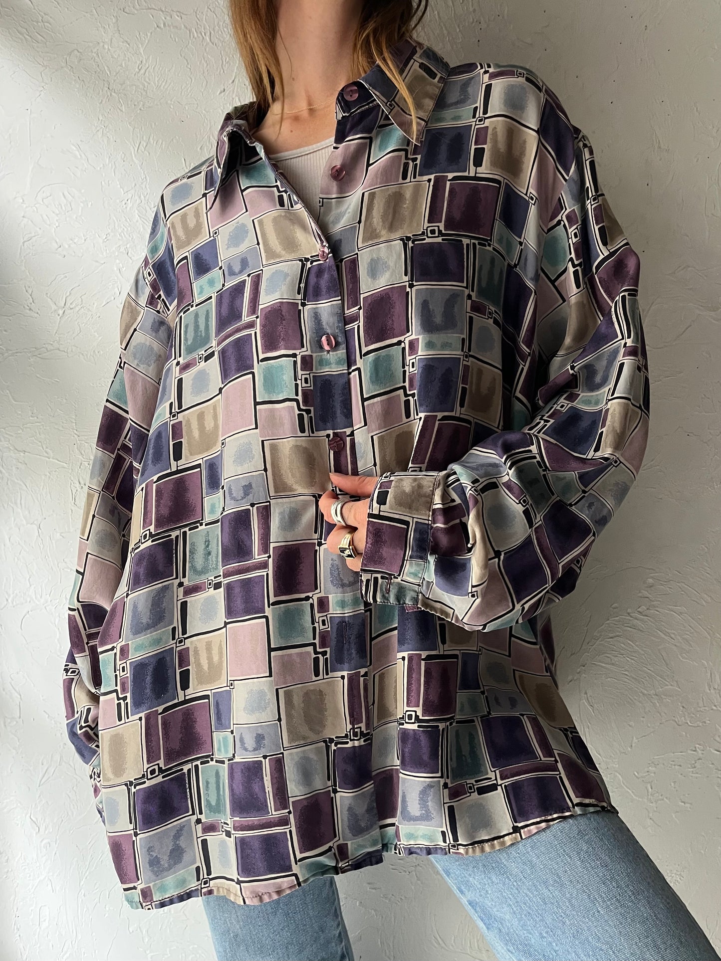 90s 'Stunt Woman' Oversized Retro Patterned Silk Top / XL