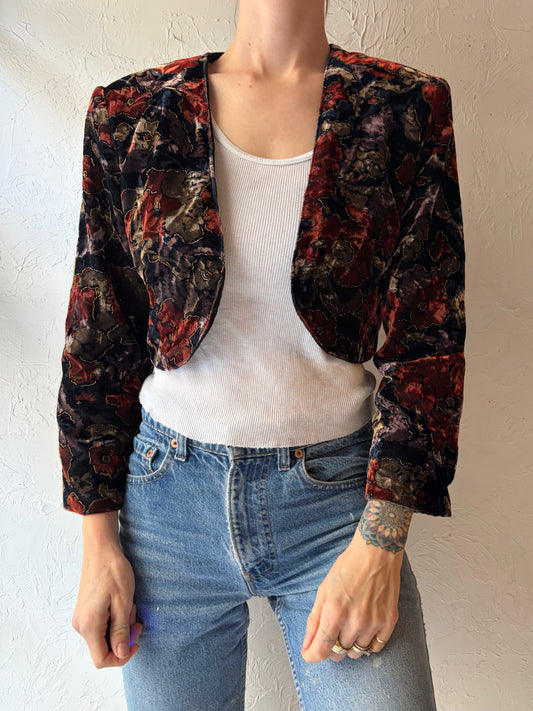 80s 'Beechers Brook' Floral Print Velvet Retro Cropped Evening Jacket / Small