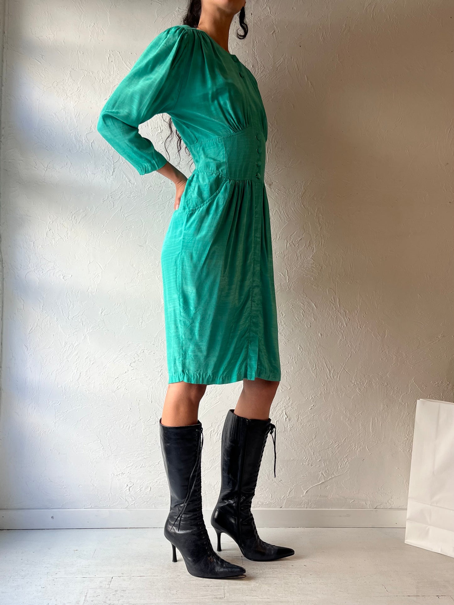 Vintage Green Long Sleeve Mod Rayon Dress / Medium