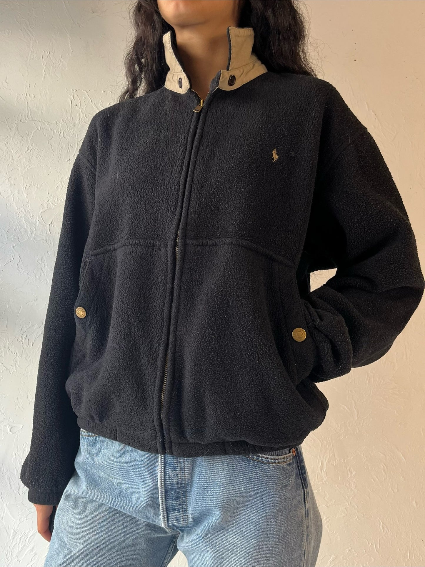 90s 'Ralph Lauren' Black Zip Up Fleece / Medium