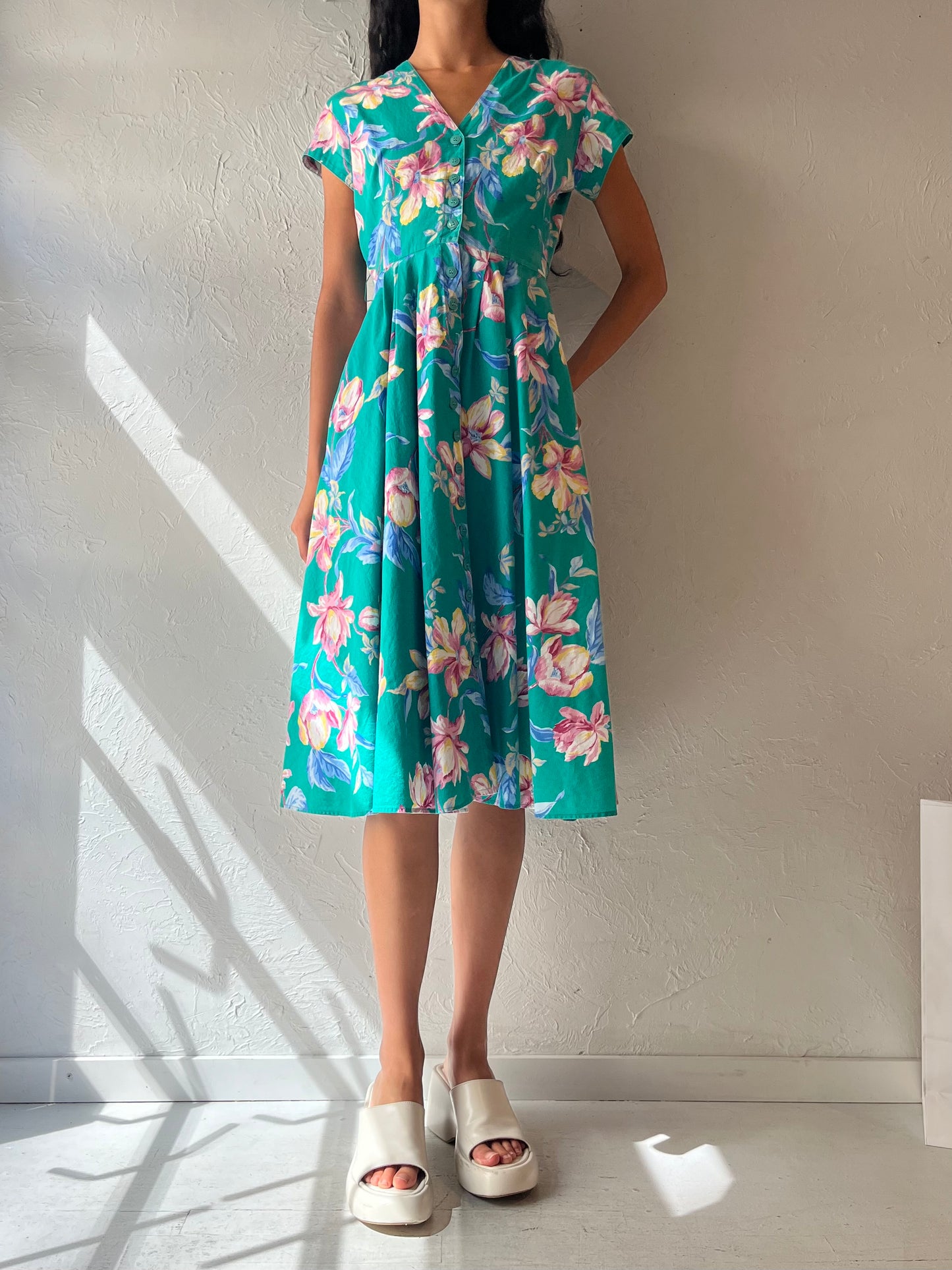 90s 'Carol Anderson' Blue Floral Cotton Midi Dress / Small