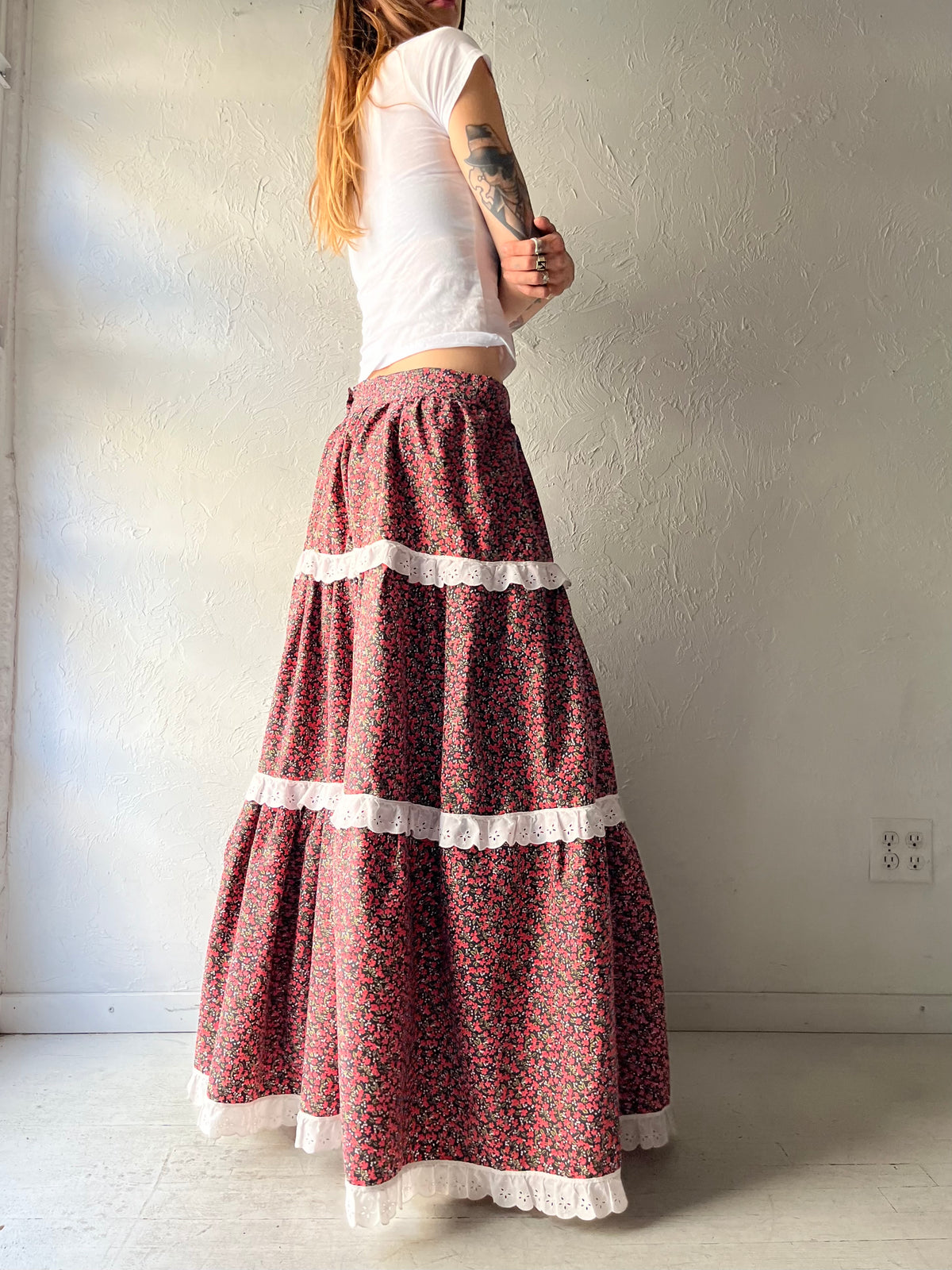 Vintage Handmade Floral Prairie Cottagecore Western Teared Maxi Skirt / Medium